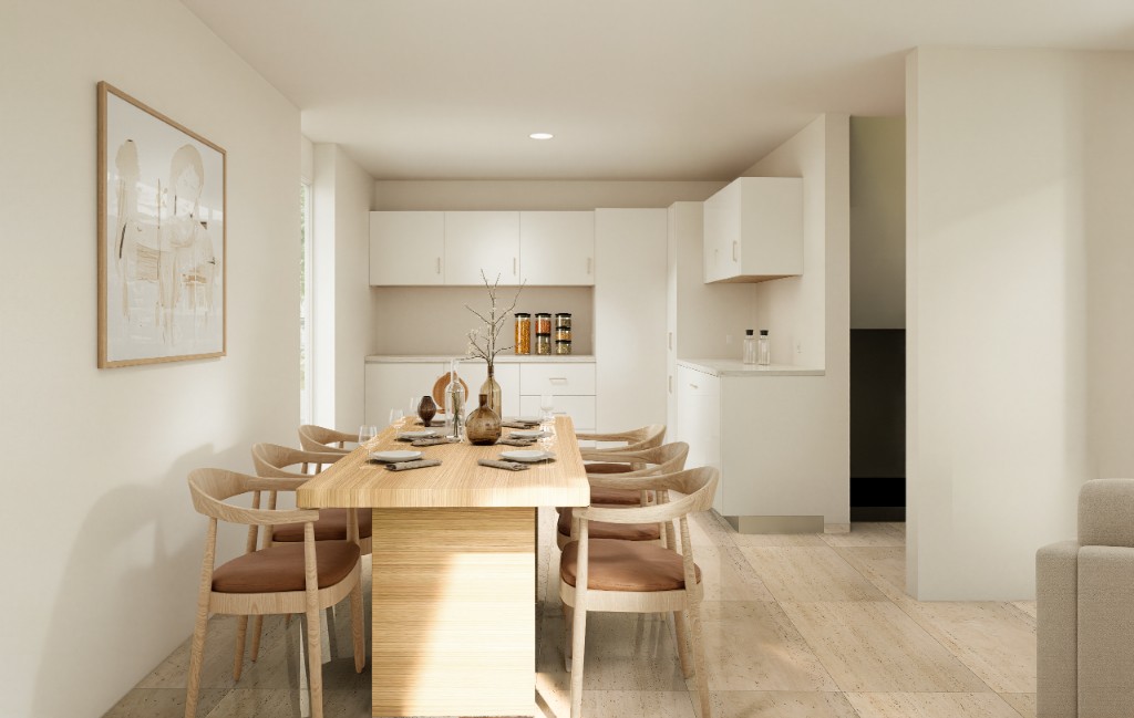 Küche mit Natursteinabdeckung und Essbereich